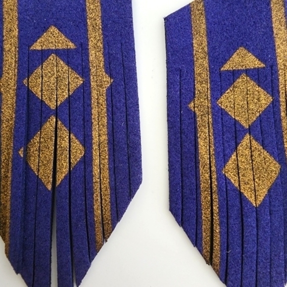 NEW Boho Southwestern Blue Gold Cut Suede Fringe Dangle Earrings - Picture 4 of 8